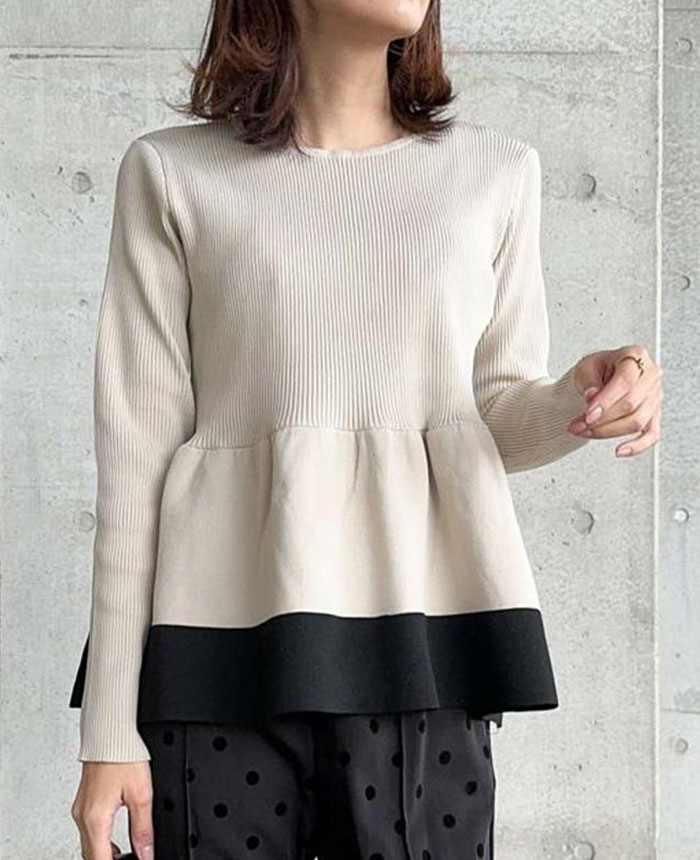 配色スポンジニットペプラムトップス