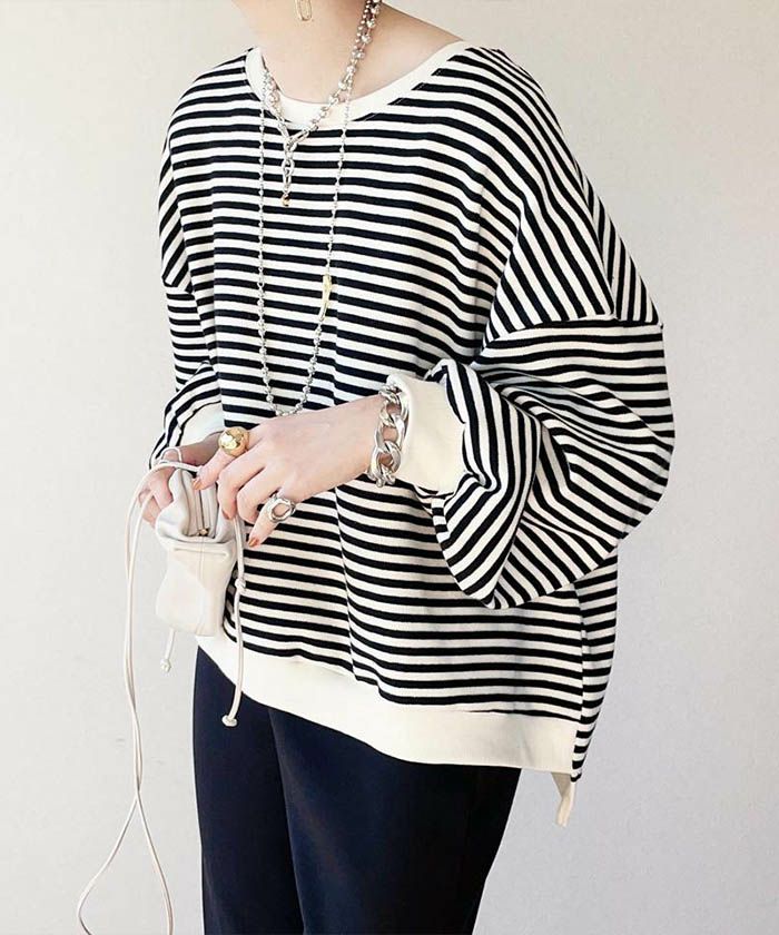 ボリューム袖ボーダープルオーバー