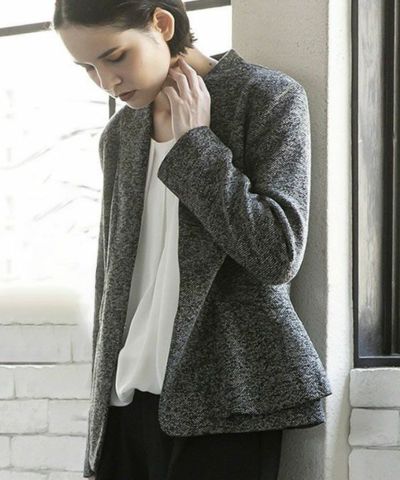 【美品】Eluraノーカラーツイードジャケット ブラック　グレー ULEULA（ウルア） ジャケット ノーカラージャケット ツイードノー