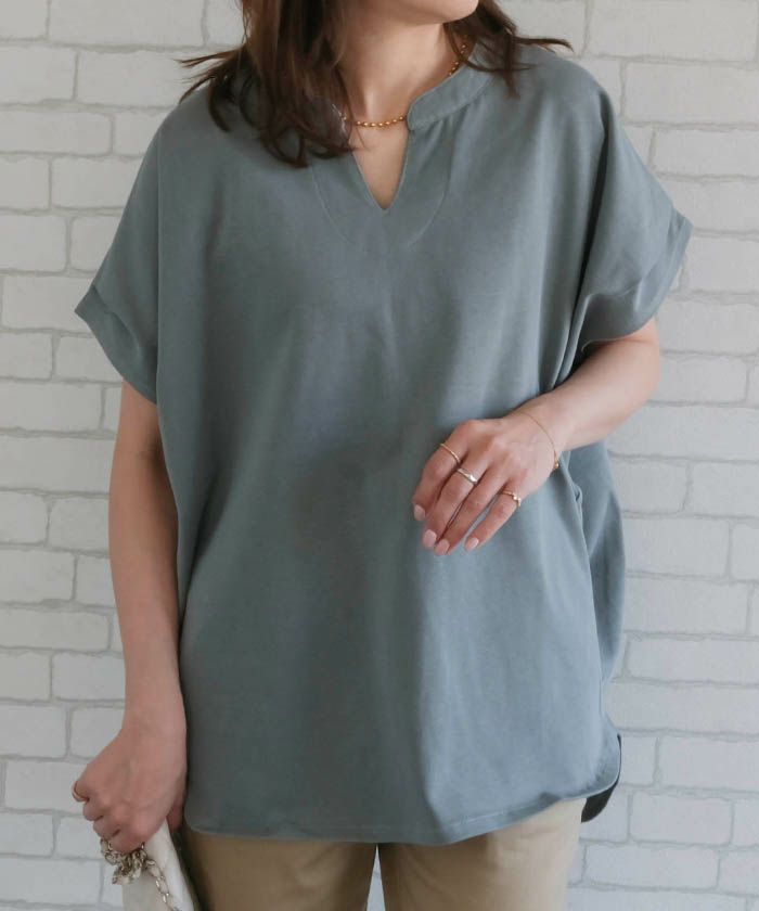 キーネックカットソー レディース 春 夏 半袖 フレンチスリーブ ≪ゆう  