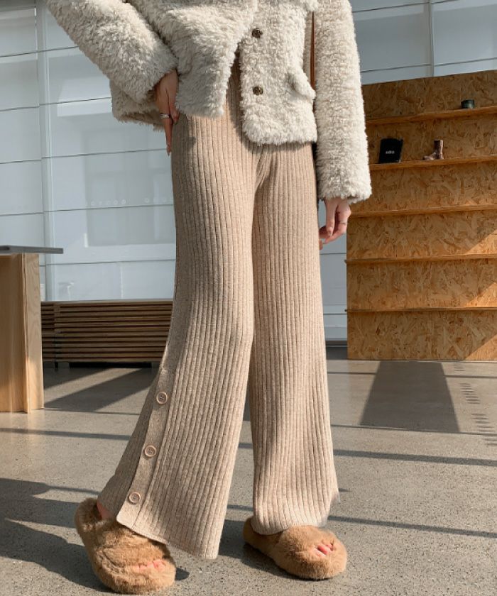 裾サイドボタンニットパンツ S P M L レディース | アクア