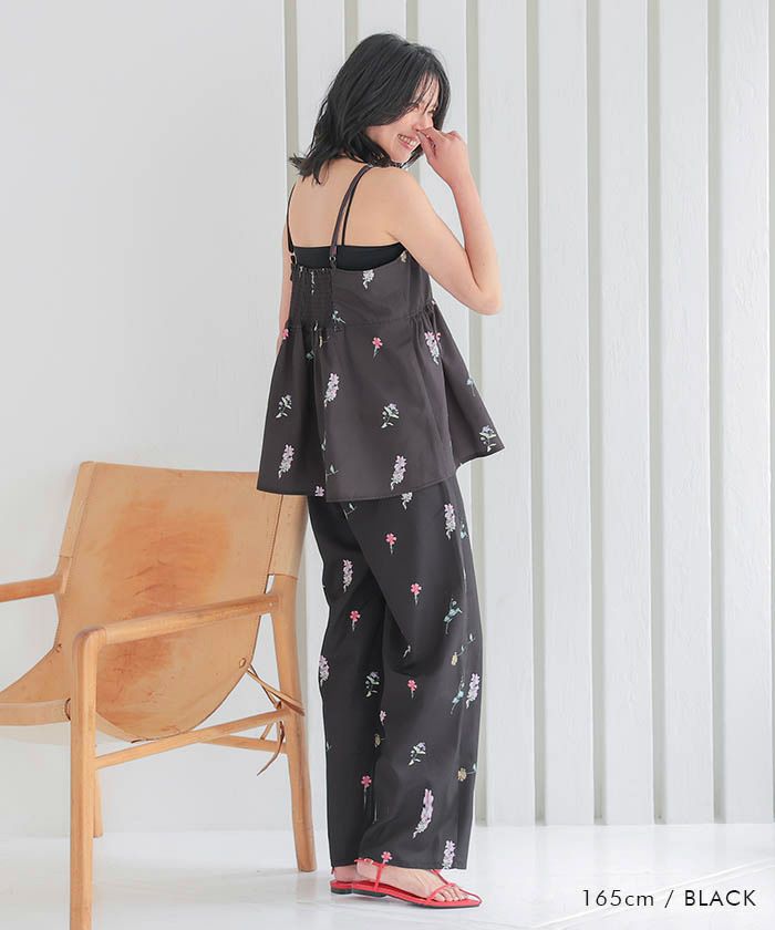 ameri 花柄 ブラック ワイドパンツ M FIORE PRINT DENIM PANTS