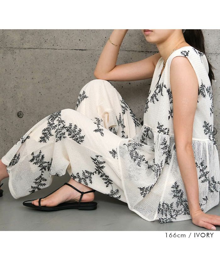 セットアップ可】花柄刺繍メッシュノースリーブトップス 春 夏