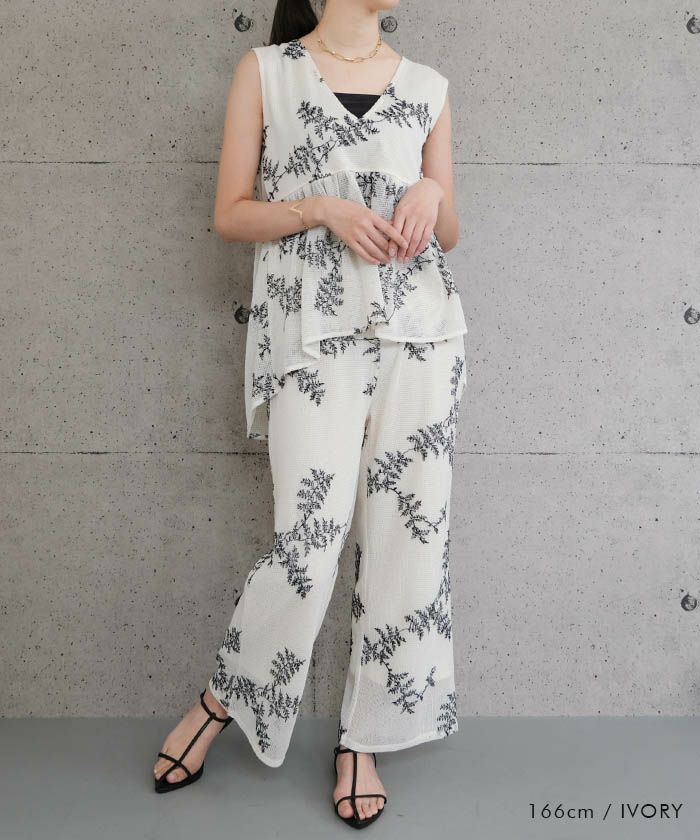 セットアップ可】花柄刺繍メッシュノースリーブトップス 春 夏 秋 M