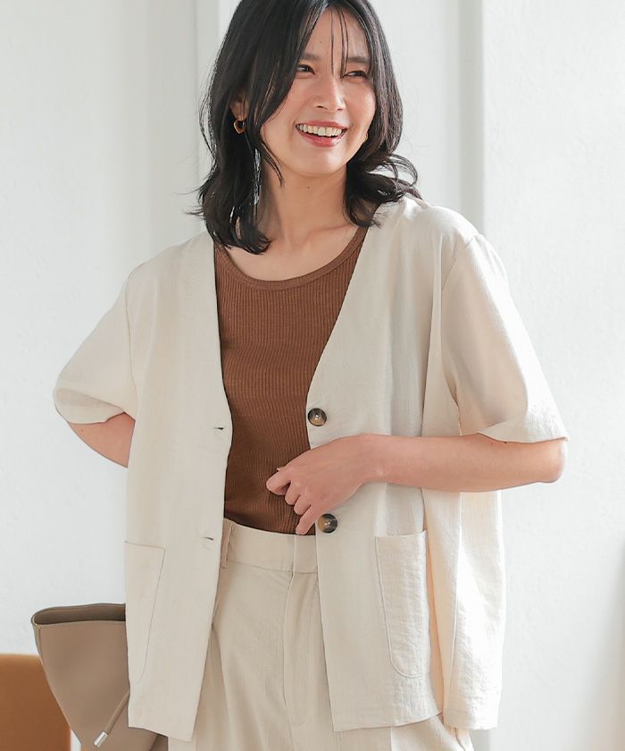 ジ*ニ様 ノーカラー半袖ジャケット春夏秋万能BEAUTY &YOUTH ノーカラー半袖ジャケット 春 夏 秋 M | ≪ゆうメール便配送20