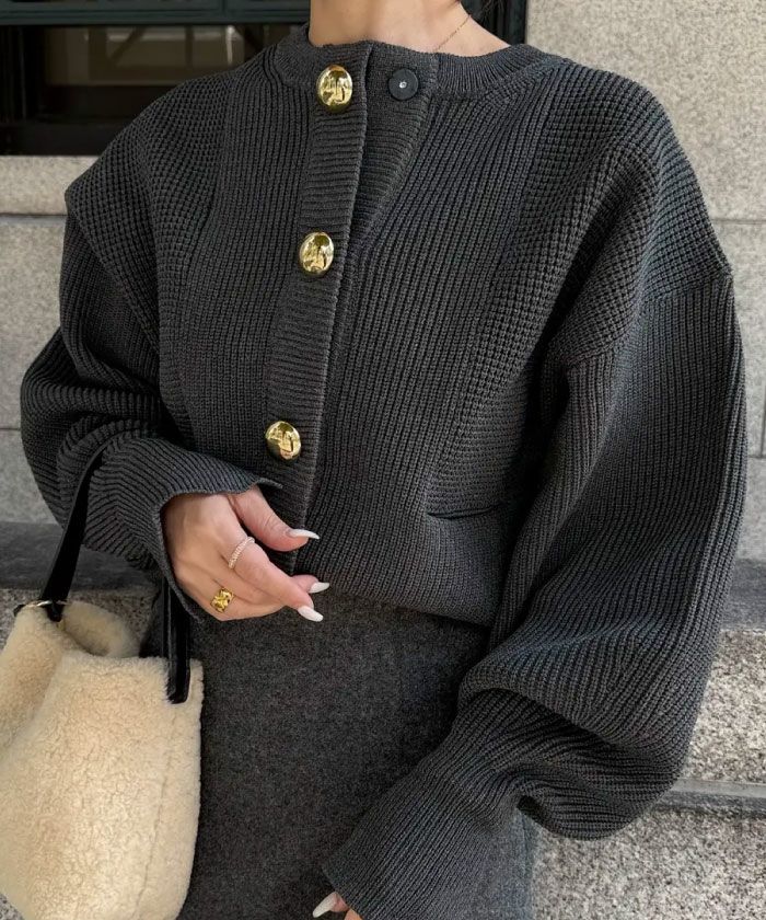 babaaグレー ボタン付きカーディガン BIGボタンニットカーディガン 秋 冬 M レディース | アクアガレージ