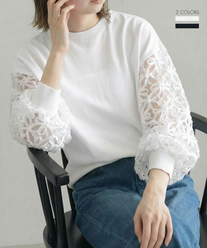 袖花柄シアー切替トップス