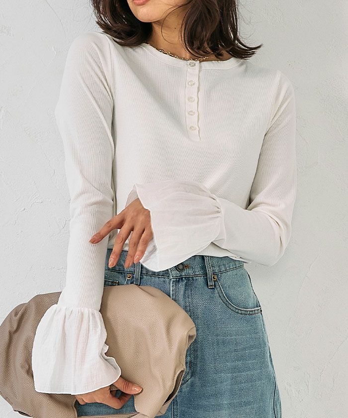 フライスリブ袖口フリルヘンリーネックトップス